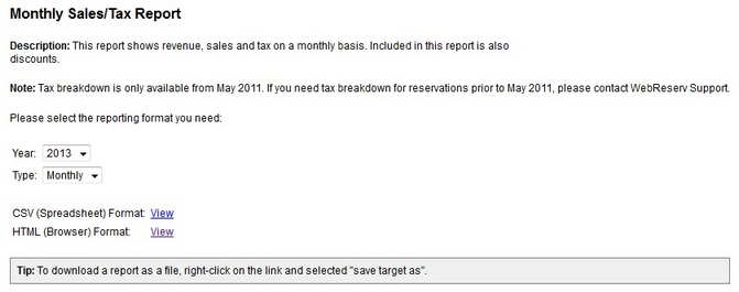 Monthly Sales/Tax report options